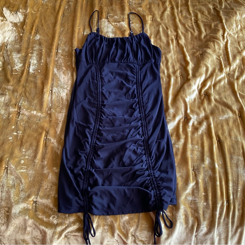 Active USA Black Mesh Body Con Mini Dress with Ruching and String Ties